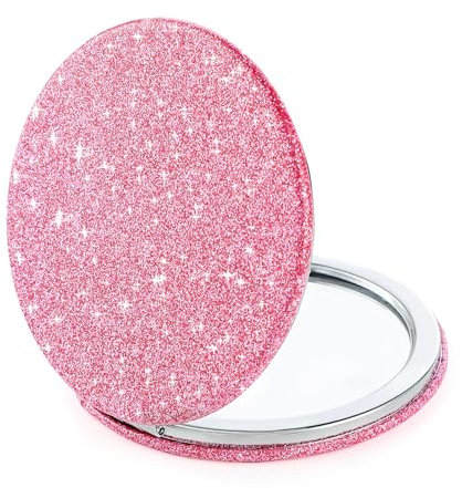 CYXZMYA Taschenspiegel Mit Vergrößerung,72mm Taschenspiegel,Leicht zu Tragen Runder Taschenspiegel,Doppelseitiger Niedlicher Kosmetikspiegel,Rosa Glitzer Handheld Klappbar Spiegel,für Frauen Mädchen.