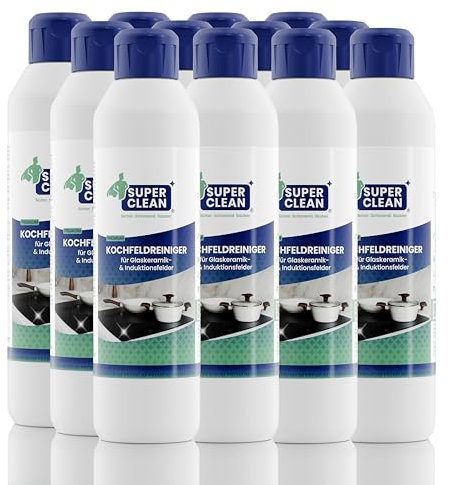 SUPER CLEAN Kochfeldreiniger für alle Glaskeramik- und Induktionskochfelder. Inhalt: 12 x 250 ml. Strahlende Reinigung und Pflege – entfernt Eingebranntes & Fett – Kennzeichnungsfrei, Umweltfreundlich