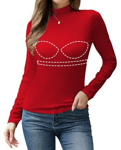 Joyshaper Maglia Donna Maniche Lunghe Collo Alto Camicetta Termica Top con Reggiseno Incorporato Turtle Neck Shirts Canottiera Intima, Rosso, S