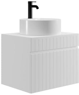 Vente-unique - Meuble de Salle de Bain Suspendu strié Blanc avec Vasque Ronde à Poser - 60 cm - SATARA
