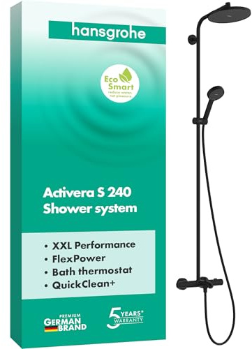 hansgrohe Activera S - Water-Saving Shower System (EcoSmart) with Bath Thermostat, Rainfall Shower Head (240mm), Hand Shower (2 Sprays), Shower Hose, Shower Rail and Head Shower, matt Black, 28871670