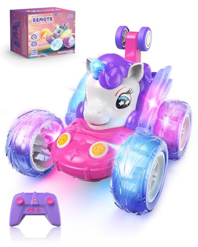 Kiztoys Ferngesteuertes Auto Einhorn für Mädchen ab 3 4 5 6 Jahre | 360° Drehung RC Stunt Auto Spielzeug, Mit LED Lichtern, Automatikmodus, Einfache Bedienung, USB Aufladung, Geschenk Mädchen