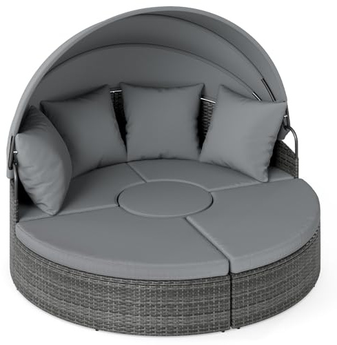 GIANTEX Sonneninsel Liegeinsel mit faltbarem Sonnendach & Tisch, Rattan Lounge Gartenmuschel Outdoor, Sonnenliege Gartenliege Set rund φ172 cm, Gartenlounge inkl. Kissen (Grau)