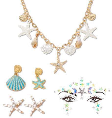 RAOPNHS 5er-Set Meerjungfrau Accessoires Damen, Meerjungfrau Haarreif Seestern Muschel, Meerjungfrauen Kostüm Karneval Festival Strand Party, Seestern Haarspangen Gesichtsdekoration Muschel Ohrringe