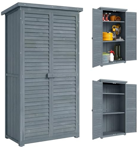 Outsunny Armadio da Giardino in Legno di Abete, Casetta Attrezzi Giardino con Porte a Persiana, Tetto Inclinato Asfalto, 3 Ripiani, Capanno Porta Attrezzi Bloccabile per Esterno, 87x46.5x160cm, Grigio