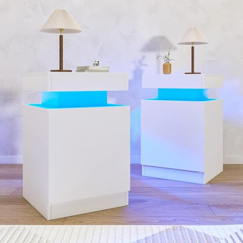 oneinmil Bedside Table Set of 2, Sofa Side Table with LED Lights, Bed Side End Table with Storage Cabinet, Nightstand with Door, for Bedroom, Living Room, White