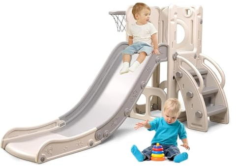 Hyner 4-in-1 Toddler Slide with Basketball Hoop, Climbing Steps & Storage, Freestanding Indoor Outdoor Playset