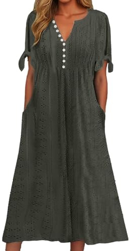 Vestidos Verano Mujer 2026 Vestido Playa Elegantes Largos Faldas Summer Dresses for Women playeros ibicenco Midi Roupas Femininas Bohemio Sueltos Manga Corta Sundress Algodon Roupas Femininas,Gris,L