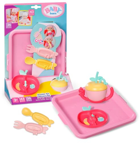BABY born Set Vaisselle pour poupons 43cm Click & Play | Assiette, couverts, tasse d'apprentissage et plateau, fonction pour poupons 43cm Click & Play