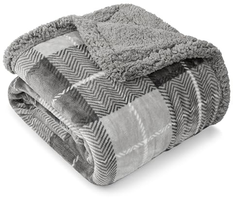Pavilion Light Grey Plaid Sherpa Throw Blanket for Couch Twin, Plush Flannel Fleece Throws, Soft Fuzzy Cabin Blanket for Sofa Bed, Warm Cozy Winter Gift, 60x80