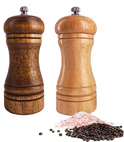 Salt and Pepper Grinders Set,Ouktor Manual Wooden Salt and Pepper Mills Shakers, Ceramic Rotor with Strong Adjustable Coarseness (5.5inch)