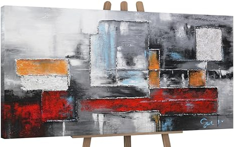 YS-Art Quadro Dipinto a Mano Originale - Astratto Geometrico Grigio Rosso