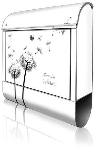 banjado Design Briefkasten personalisiert 38,5x46,5x13cm & 2 Schlüssel - Briefkasten Stahl Silber Zeitungsfach pulverbeschichtet - Postkasten A4 Einwurf inkl. Montagematerial - Motiv Pusteblume 2