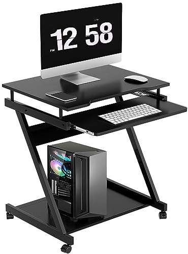 SogesHome Scrivania piccola scrivania per computer con 4 ruote, 2 di cui con freni, tavolo per PC a forma di Z con estrattore per tastiera per casa e ufficio, 60 x 48 cm