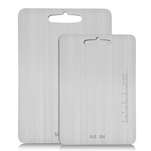 Atmama (14.2 x 9.8and11.24 x7.87) Stainless Steel Cutting Board for Kitchen,SUS 304 Chopping Board for Meat,Fruit,Vegetables,Baby Food,Dishwasher Safe(2pcs)…