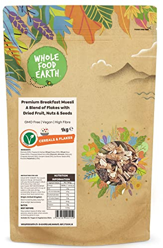 Wholefood Earth Premium Breakfast Muesli 1kg | Flakes with Dried Fruit, Nuts & Seeds | GMO Free | High Fibre | Source of Protein | Vegan Breakfast Cereal