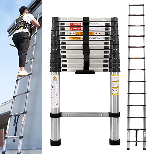 Stainless Steel Telescoping Ladder - 12.5FT Heavy Duty Extension Collapsible Compact Ladder for Home, Roof, RV & Outdoor Use - EN131 Standard - 330lb Max Load