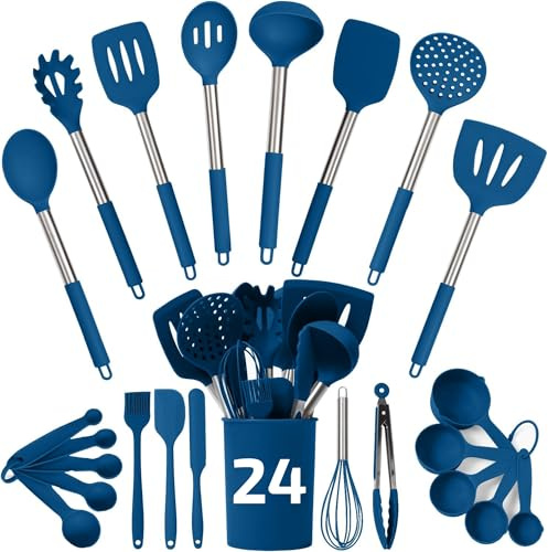 Silicone Kitchen Utensils Set 24 Pieces 450 °F Heat Resistant - Blue Cooking Utensils-Set for Nonstick Cookware - Silicone Spatulas Set, Stainless Steel Handle & Other Kitchen accessories