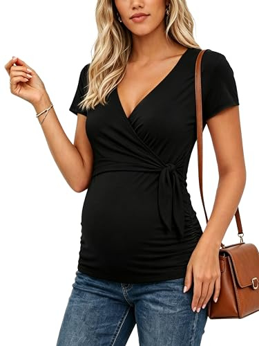 Love2Mi Maglietta da allattamento da donna, a maniche corte, con scollo a V, per donne, Pantaloncini neri, S