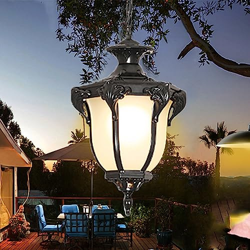 Rustikale Pendellampe Vintage Wasserdichter Aussenlampe Pendelleuchte Metall E27 Außen Innen Schwarz Aluminium Schatten Laterne Höhenverstellbar Deckenleuchte Pendant Light für Garten Balkon