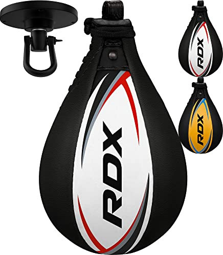 RDX Boxing Speed Bag, Genuine Leather Speedball MMA Muay Thai Dodge Ball Training Striking Kit, Wall Mount Hanging Swivel Speed Ball Punch Bag Workout Platform Martial (Black, Without Swivel)