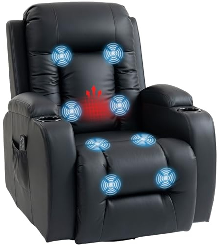 HOMCOM Poltrona Massaggiante Reclinabile Manuale 145° Riscaldante, 8 Punti di Massaggio, Poltrona Relax Girevole con Dondolo, Poggiapiedi, Telecomando, Portabicchieri, Tasche Laterali, Pelle PU, Nero