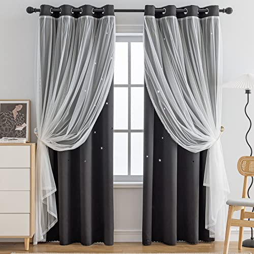 Anytime Romantischer Kindervorhang, ausgehöhlte Sterne, Fenstervorhang, doppellagig, Verdunkelungsvorhänge für Mädchenzimmer, Kinderzimmer, 2 Paneele, (B 52 x L 72, schwarz)