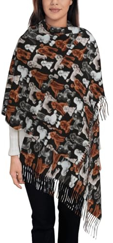 VhoMes Schal, Pudel, schwarzer Quastenschal, warmer Fransenschal, luxuriöser Damen-Wickel, für alle Jahreszeiten, 72 x 197 cm