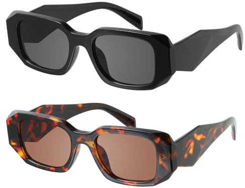 mosanana Trendy Rectangle Sunglasses for Women Men Black Tortoise Shell Retro Fashion Cool 90s Cute Funky Stylish Chunky 2 Pack Goulding