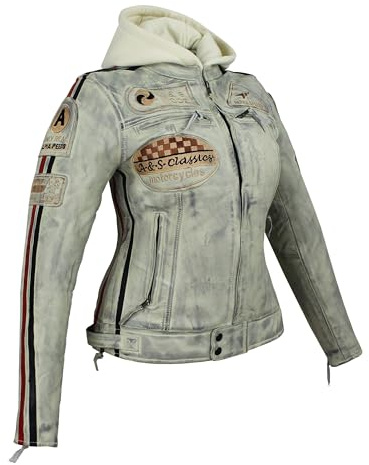 EURO STARS Damen Motorradjacke Lederjacke Damen Jacke mit Protektoren Lederjacke mit Kapuze Leather Jacket Biker Jacket Custom Jacke (DE/NL/SE/PL, Alphanumerisch, M, Regular, Regular, Weiß/Cream)