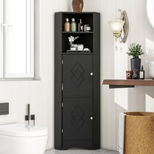 Badschrank, Badmöbel, Eckschrank mit Zwei Ablagefächern, offenes Fach mit verstellbarem Einlegeboden, 42 x 36 x 162,5 cm, (schwarz)