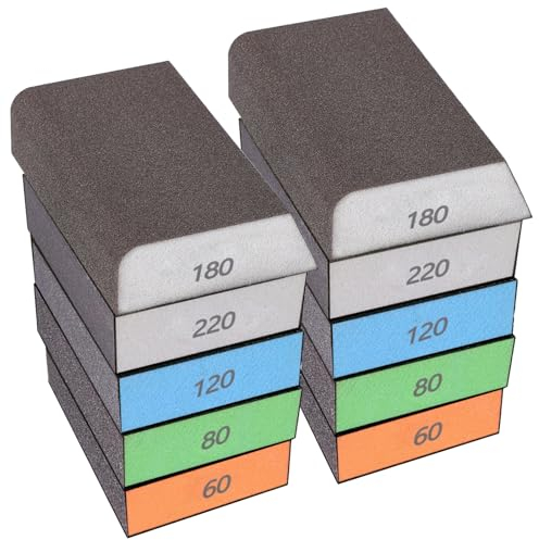 Klfte Schleifblöcke, waschbar und wiederverwendbar, Schleifschwamm für Holz, Trockenbau, Metall, Glas, grob/mittel/fein, Körnung 60/80/100/120/180/220, 10 Stück