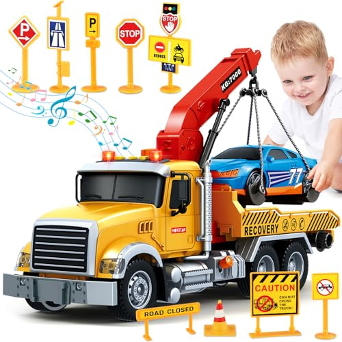 Kids Toys for 3 4 5 6 7 Years Old Boys, 15 Large Tow Truck Toy, Friction Powered Transport Truck Crane Vehicle Toy with Lights and Sounds, Racing Car, Traffic Signs, Birthday Gifts for Boys Girls