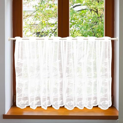 ZOLGINAH Visillo Cocina con Delicados Patrones de Mariposas y Flores,Cortinas Cocina Modernas con Ojales,Blanco Semitransparente Visillos Cortos para Ventanas Salon Dormitorio (105x90cm(BxH),1 Piezas)