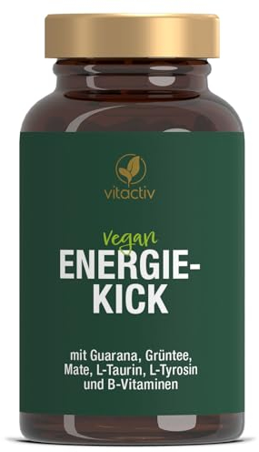 VITACTIV Energie Kick - 90 Guarana Kapseln mit Mate, Grüner Tee, L-Tyrosin, L-Taurin plus B Vitamine - Energy Kapseln, 100mg Koffein Booster - Vegan, Hochdosiert