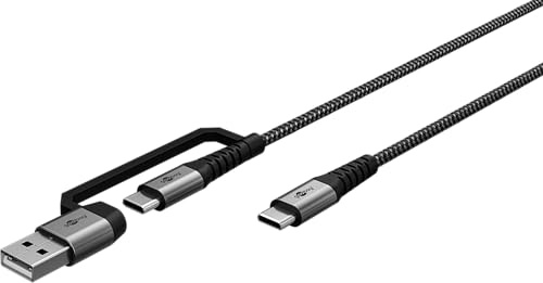 goobay 70278 2 in 1 USB C auf USB C und USB A Kabel/USB-Textilkabel max. 60W und 480 Mbits/Adapter für USB-A Geräte/Laptop Tablet iPhone/Multi Adapter mit Knickschutz / 2m