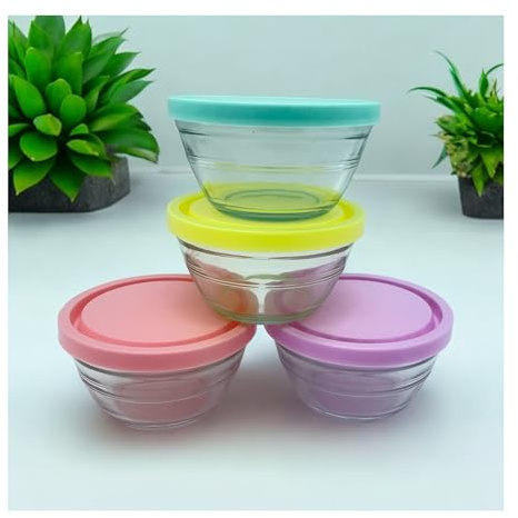 vienberg 4 Stück kleine Glasschalen mit BPA-freiem Deckel | 100% Blei-Frei Glas Aufbewahrungs-Schale, Glasschüssel Glas Schale Bunt | Spülmaschinenfest, 250ml, Vorratsdosen mit Deckeln Glas Dipschale