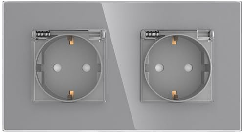 PULSAR Unterputz-Steckdose mit Deckel 2-Fach Grau Glas, Klappdeckel | Steckdose mit Deckel Unterputz Grau 2-Fach Glas, Wandsteckdose 230 V / 16 A für Feuchträume, Steckdose mit Klappe