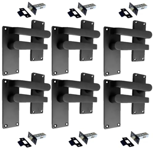 Epsom Door Handle Matt Black Straight Door Handle Set - Victorian Style Internal and External Lever Door Handles with Backplate 118mm x 42mm Sets 6