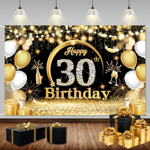 ZAHRVIA 30. Geburtstag Banner Schwarz Gold, Premium Stoff Geburtstagsdeko mit Metallösen, Wiederverwendbarer Hintergrund für 30. Geburtstagsparty Deko, Geschenk für Mann, Frau