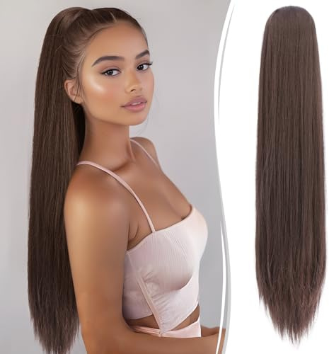 RUWISS Longue Queue de Cheval Extension 70cm Postiche Queue de Cheval avec Cordon Droit Lisse Ponytail Cheveux Naturel pour Femmes (Brun Moyen)