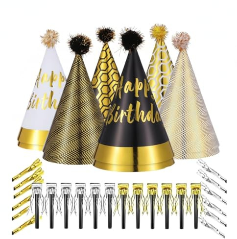 JOINPAYA 36 Pcs Party Birthday Hats Set – Gold Cone Hats with 12 Paper Party Hats and 24 Noise Makers for Kids and Adults Celebrations