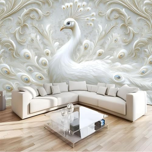 MIATCENRT Photo Wallpaper Baroque Art, 450x315cm (WxH) Wall Mural Waterproof White Peacock TV Sofa Background Wall Art 3D Large Murals, Living Room Home Decoration Poster Wallpaper