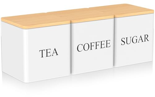 3pcs Tea Coffee Sugar Canister 500ML Metal Canister Coffee Tea Sugar Container with Airtight Bamboo Lid Kitchen Storage Jar Square Caddy Tin(White)