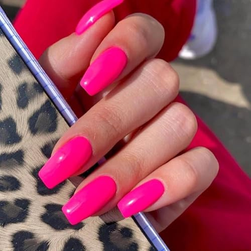 KQueenest Press On Nails Lange Mittel Eckig, Sarg Nägel zum Aufkleben Heiß Rosa, Glänzende Jelly-Gel Fake Nails Fingernägel zum aufkleben Ballerina, Einfarbig Acryl Kunstnägel für Frauen, 24 Stück