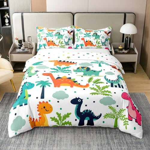 Manfei Kids Cartoon Dino Pure Cotton Duvet Cover Twin Size,Orange Blue Dinosaurs Soft Bedding Set,Boys Dinosaur Trees Youth Comforter Cover Bedding 2 Pieces (No Comforter),1 Pillowcase