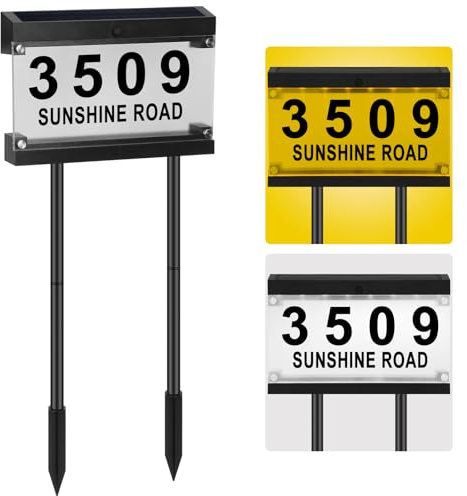 Solar House Numbers for Outside, Solar Address Sign, Smart Auto ON/OFF Double Color Waterproof LED Modes Address Signs for Houses, for with Lawn Stakes Garden Street Home Yard (Warm White)
