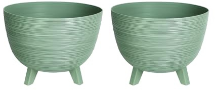 Planters Pride 2-Pack Futura 40cm Ribbed Plant Pots, Earth Green | 26L Raised Flower Bowls on Legs Plastic Outdoor/Indoor Planters, Houseplant Pots | Weather-Resistant 32cm Tall Decorative Planters