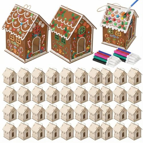 DoubleFill 48 Pcs Wood Gingerbread House DIY Craft Kit for Kids DIY Christmas Village Houses for Holiday Classroom Activities with 12 Color Markers Paint Your Own Wooden Birdhouse Set for Kids Gifts