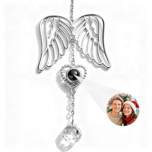 Personalised Photo Projection Suncatcher - Custom Crystal Angel Pendant with Picture Inside - Beautiful Window Hanging Sun Catcher for Family, Couples, Christmas Party, Memorial Gifts